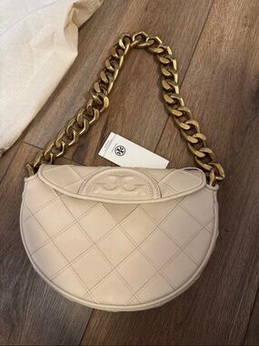 NWT-Tory Burch Cream Quilted Crescent Mini Bag-Gold Chain, crossbody strap